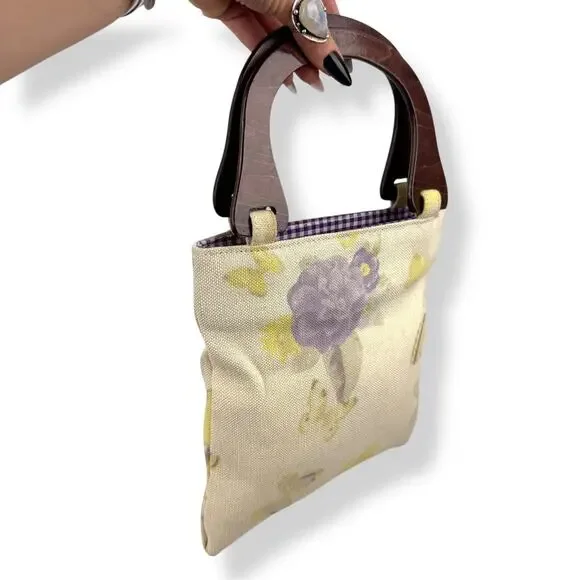 90's woven linen butterfly floral wood handle bag by FASHION EXPRESS ORIGINAL - Picture 15 of 16